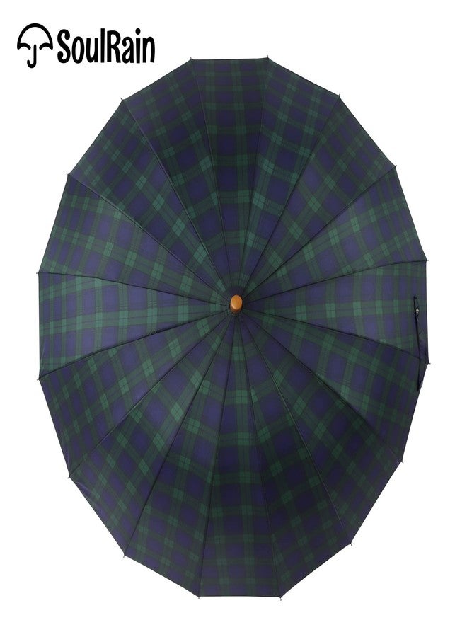 SoulRain Plaid Umbrella 16 Ribs 48" Stick Umbrella Auto Open Vintage Cane Big Umbrella With,Classic Wood Handle,Windproof Unbreakable Strong Wind Resistant Umbrellas Adult(Grid Navy) - Image 2